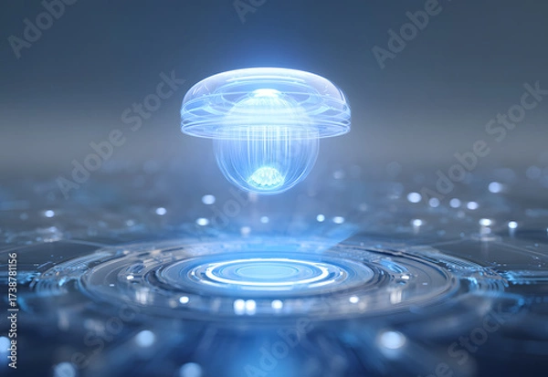 Fototapeta A futuristic holographic orb hovers above a circular digital interface, emitting a soft blue glow in a high-tech environment.