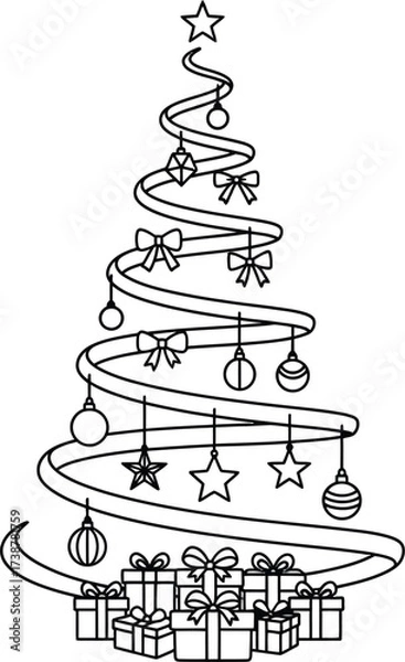 Fototapeta Black and white line art illustration of a Christmas tree made of ribbon with ornaments and gift boxes Keywords: Christmas tree, outline, line art, illustration, ribbon, decoration, ornaments