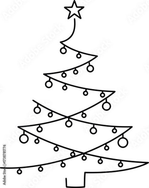 Fototapeta Simple black and white line art drawing of a stylized Christmas tree with a star and ornaments Keywords: Christmas tree, outline, line art, drawing, illustration, holiday, festive, decoration