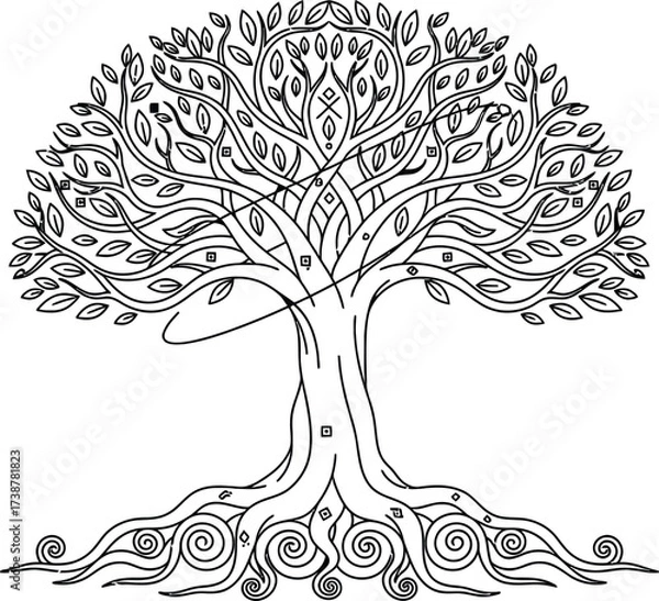 Fototapeta Intricate black and white line art drawing of a stylized tree of life with swirling roots and patterned leaves on a white background