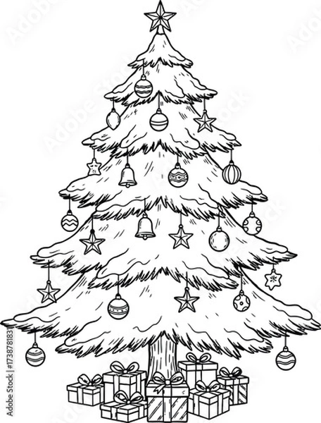 Fototapeta Detailed black and white line art drawing of a decorated Christmas tree with presents underneath on a white background