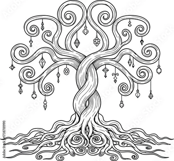 Fototapeta Whimsical Twisted Tree with Gemstone Ornaments and Swirling Roots branches