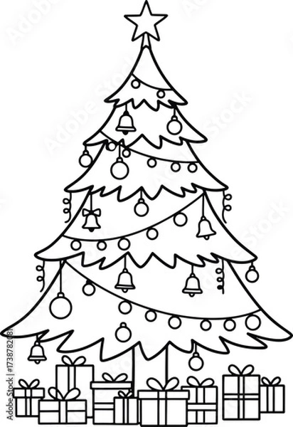 Fototapeta Black and white line art drawing of a decorated Christmas tree with presents underneath, suitable for coloring