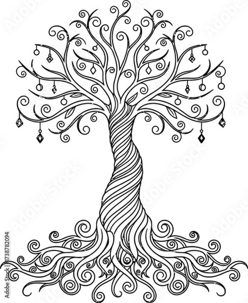 Fototapeta Ornate black and white illustration of a stylized tree with swirling roots and branches adorned with diamond-shaped ornaments