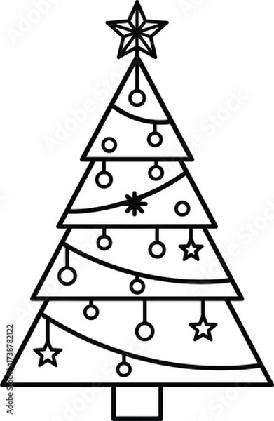 Fototapeta Simple Outline of a Decorated Christmas Tree with Star and Ornaments vector illustration