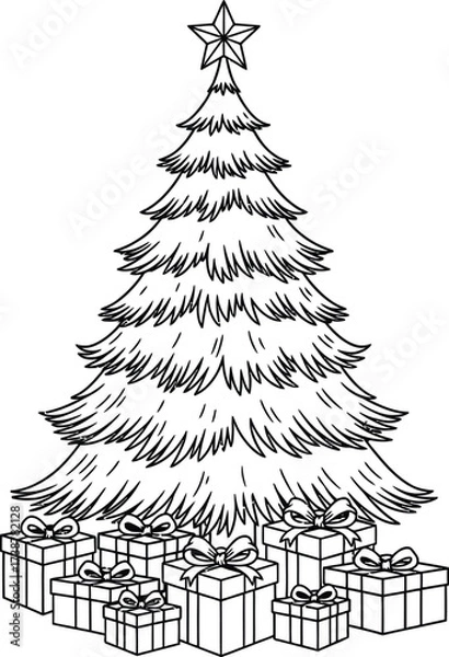 Fototapeta Outline of a Pine Christmas Tree Surrounded by Gift Boxes with Bows gifts