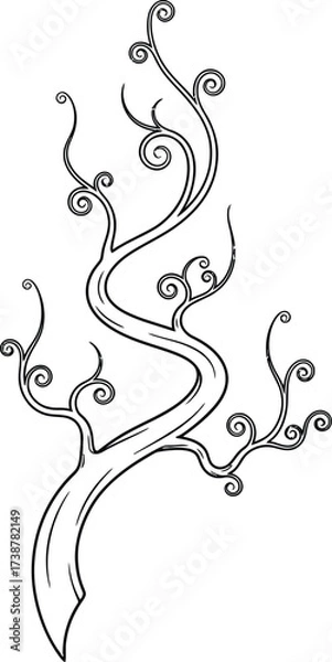 Fototapeta Stylized Swirling Tree Branch Outline with Curly Tendrils and Leaves vine