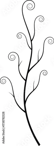 Fototapeta Simple black silhouette of a plant stem with curly branches and small twigs on a white background vector