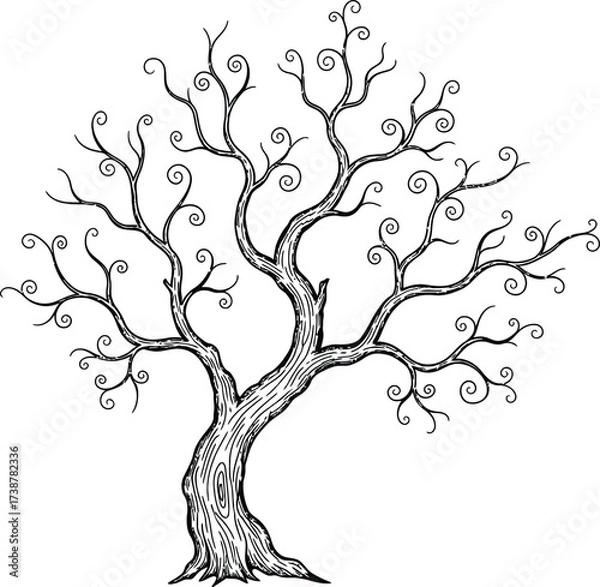 Fototapeta Detailed black and white line drawing of a textured, gnarled tree with curly branches on a white background