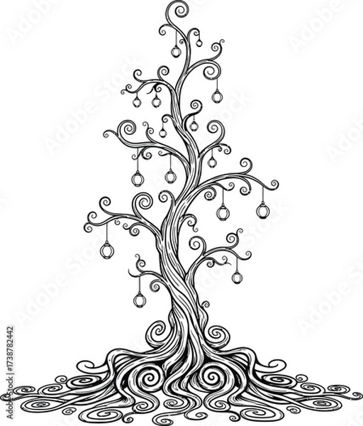 Fototapeta Intricate black and white drawing of a fantastical tree with swirling roots and hanging ornaments outline