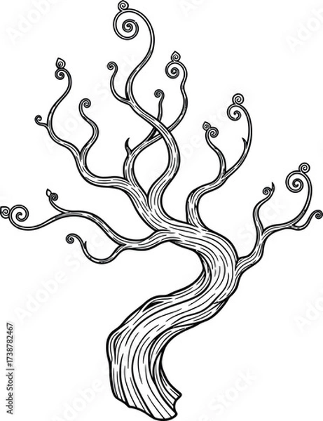 Fototapeta Whimsical black and white outline of a twisted tree with curly branches and buds drawing illustration