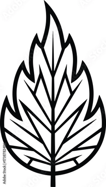 Fototapeta Bold Black and White Outline Drawing of a Stylized Leaf with Prominent Veins sketch