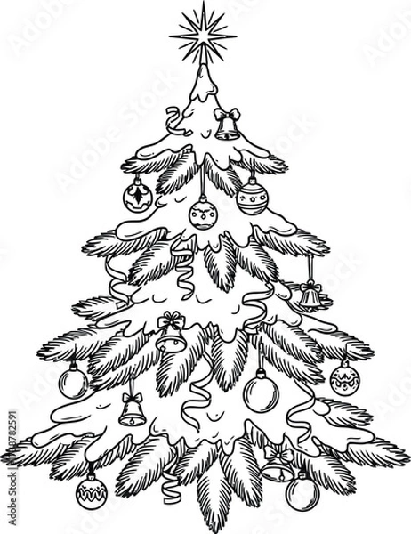Fototapeta Black and white drawing of a snow-covered Christmas tree adorned with ornaments and ribbons outline illustration