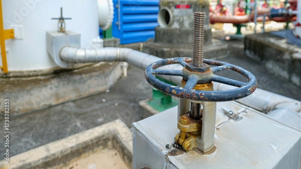 Fototapeta Gate valves installed on insulated fluid pipeline system in an industrial factory, emphasizing heat protection, safety, efficiency,