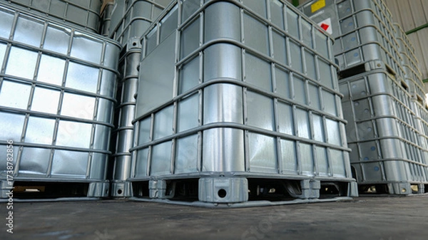 Fototapeta Plastic cubic chemical liquid container secured by a protective metal grid, stored in a warehouse factory environment,