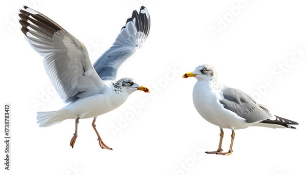 Fototapeta ;Two Distinct Seagulls Side by Side in Contrasting Styles isolated on transparent background.
