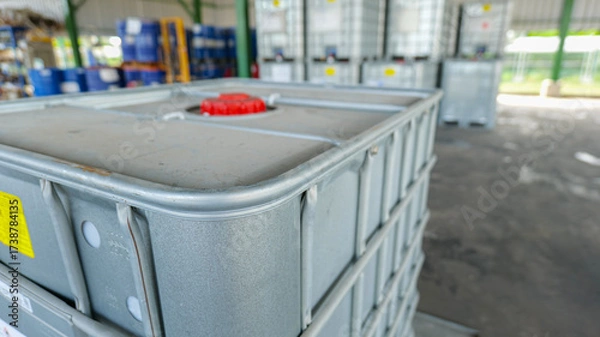 Fototapeta Square-shaped chemical storage tanks with reinforced steel frame for load support, placed in a warehouse awaiting shipment,
