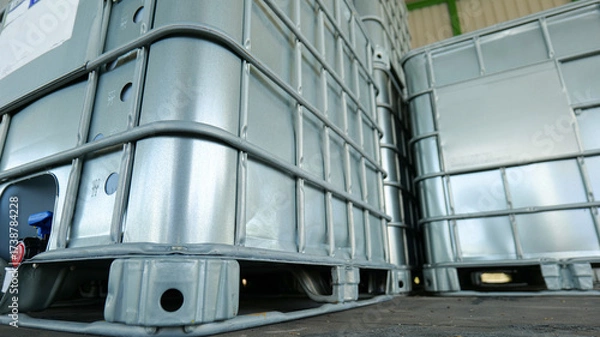 Fototapeta Square-shaped chemical storage tanks with reinforced steel frame for load support, placed in a warehouse awaiting shipment,