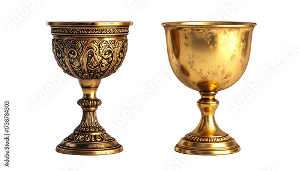 Fototapeta  Two Elegant Golden Chalices Side by Side in Distinct Shapes isolated on transparent background.