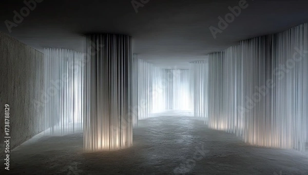 Fototapeta Interior space defined by vertical flowing translucent curtains and atmospheric lighting