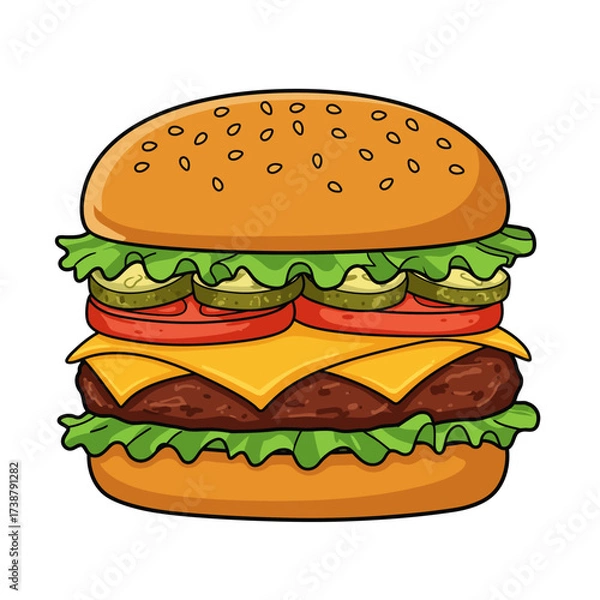 Fototapeta Flat Design American Cheeseburger with Fries, Vector Illustration with Bold Outlines, Isolated on White Background