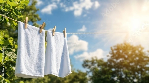 Fototapeta Towels drying sunny outdoors, nature background, fresh laundry