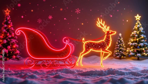 Fototapeta Vibrant neon red sleigh and glowing reindeer create festive scene, surrounded by decorated Christmas trees and falling snowflakes, evoking joyful holiday spirit