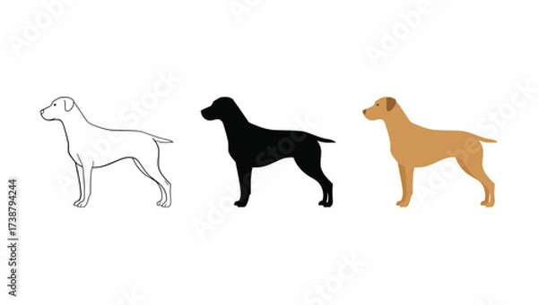 Obraz Vector art of three dogs in different styles, outline, silhouette, and color
