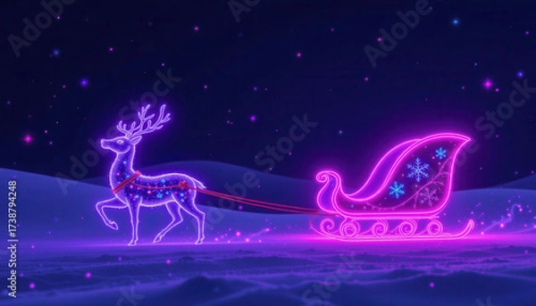 Fototapeta Vibrant purple neon sleigh is being pulled by glowing reindeer, both adorned with festive decorations. scene is set against dark, starry background, creating magical winter atmosphere