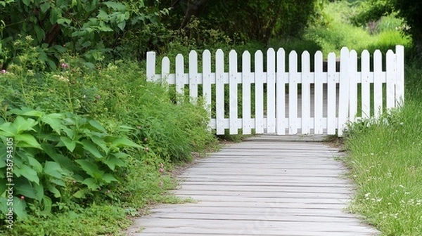 Fototapeta White picket fence path garden walkway
