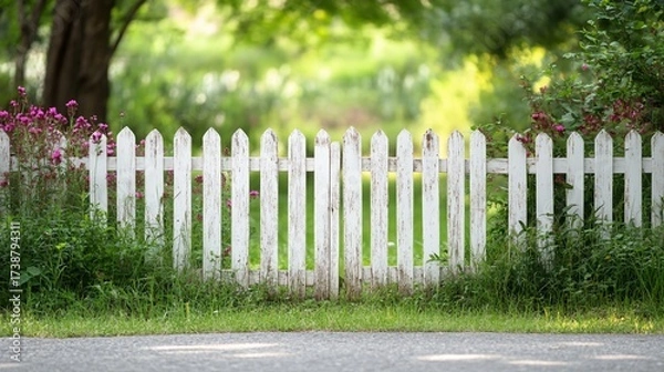 Fototapeta White picket fence garden gate, rural scene