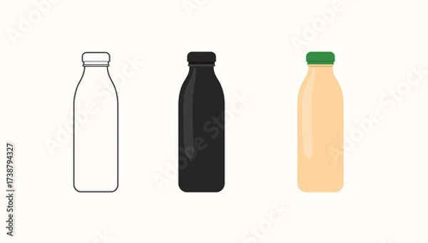 Obraz Vector art of three milk bottle illustrations outline, silhouette, and color