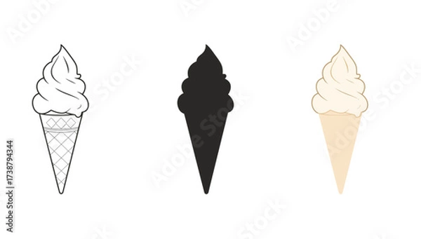 Fototapeta Vector art of ice cream cone illustration set featuring outline, silhouette, and color