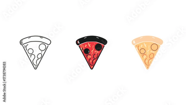 Obraz Vector art of three pizza slices in different styles, outline, silhouette, and color
