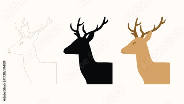 Obraz Vector art of three deer heads in different styles, outline, silhouette, and color