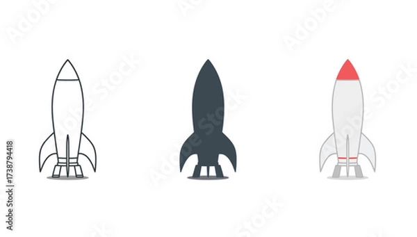 Obraz Vector art of three rocket icons, outline, silhouette, and color version