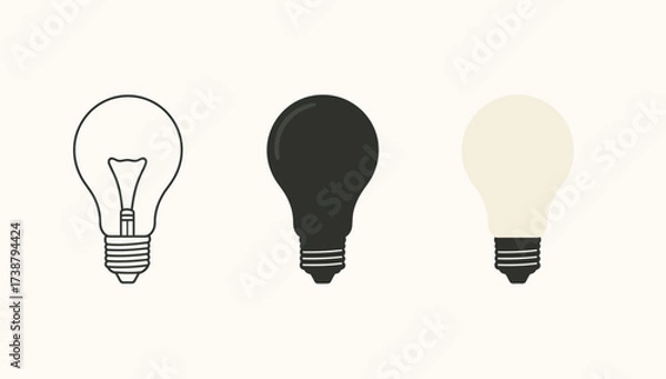 Obraz Vector art of three light bulbs in different styles, outline, silhouette, and filled