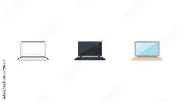 Obraz Vector art of three laptop illustrations in different styles line art, silhouette and color