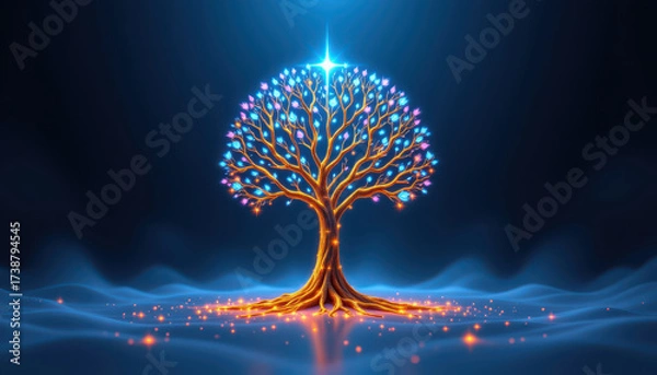 Fototapeta Vibrant tree with glowing branches and colorful lights stands against dark blue background, radiating sense of wonder and tranquility. intricate design of tree symbolizes life and energy
