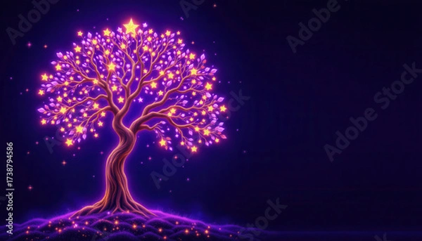 Fototapeta Vibrant neon tree with glowing purple leaves and sparkling stars creates magical atmosphere. intricate branches twist elegantly, enhancing enchanting scene