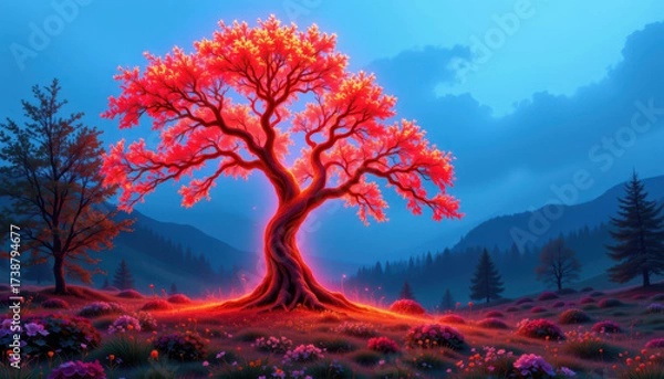 Fototapeta Vibrant tree with glowing pink and orange leaves stands majestically in serene landscape. background features rolling hills and twilight sky, creating magical atmosphere