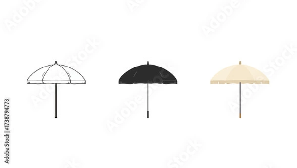 Obraz Vector art of three umbrella illustrations outline, silhouette, and color