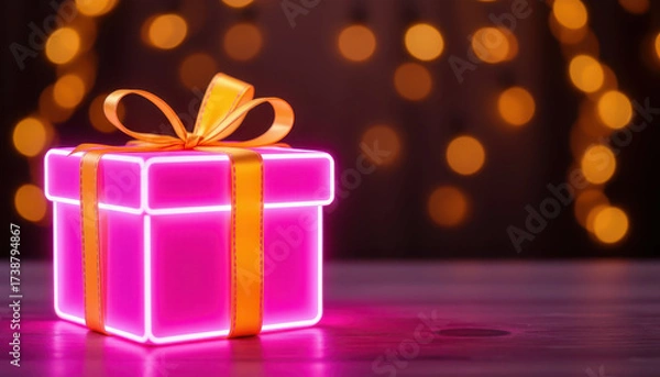 Fototapeta Vibrant pink neon gift box with shiny orange ribbon sits elegantly against blurred background of warm bokeh lights, creating festive and cheerful atmosphere