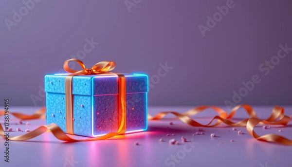 Fototapeta Vibrant gift box with cyan neon accents and orange ribbon sits elegantly on soft surface, surrounded by scattered confetti, evoking sense of celebration and joy