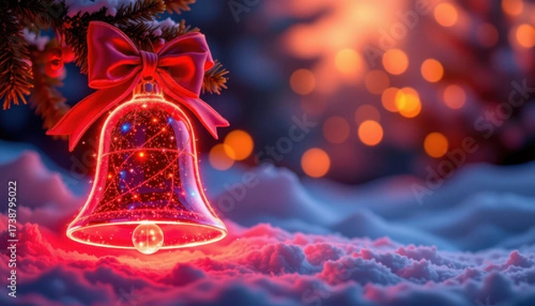 Fototapeta Glowing red Christmas bell adorned with bow rests on snowy surface, surrounded by soft bokeh lights in background, creating festive and magical atmosphere
