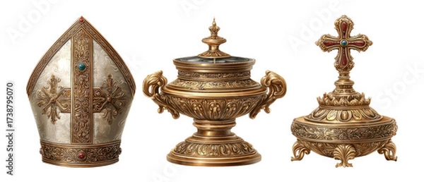 Fototapeta Ornate Religious Artifacts with Golden Details on Transparent Background