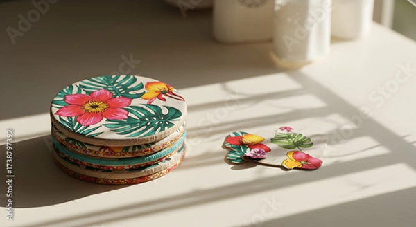 Fototapeta Colorful Floral Coasters Stacked on a Light Surface with Sunlight Casting Shadows in a Relaxed Setting