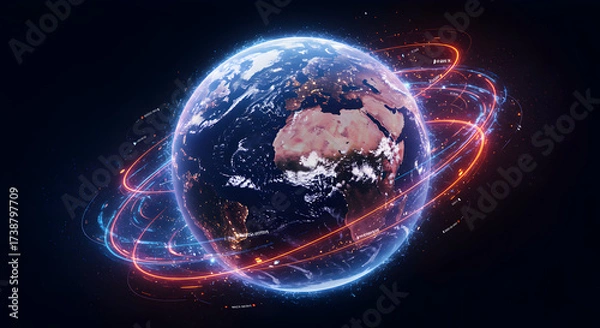 Fototapeta Digital Representation of Earth Surrounded by Glowing Energy Trails in Space with Stars