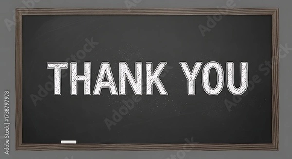 Fototapeta Thank you message written in white chalk on a black chalkboard with a chalk piece at the bottom edge