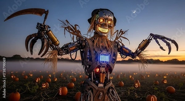 Fototapeta Robotic scarecrow with a scythe stands in a pumpkin patch at dusk with a crescent moon in the sky